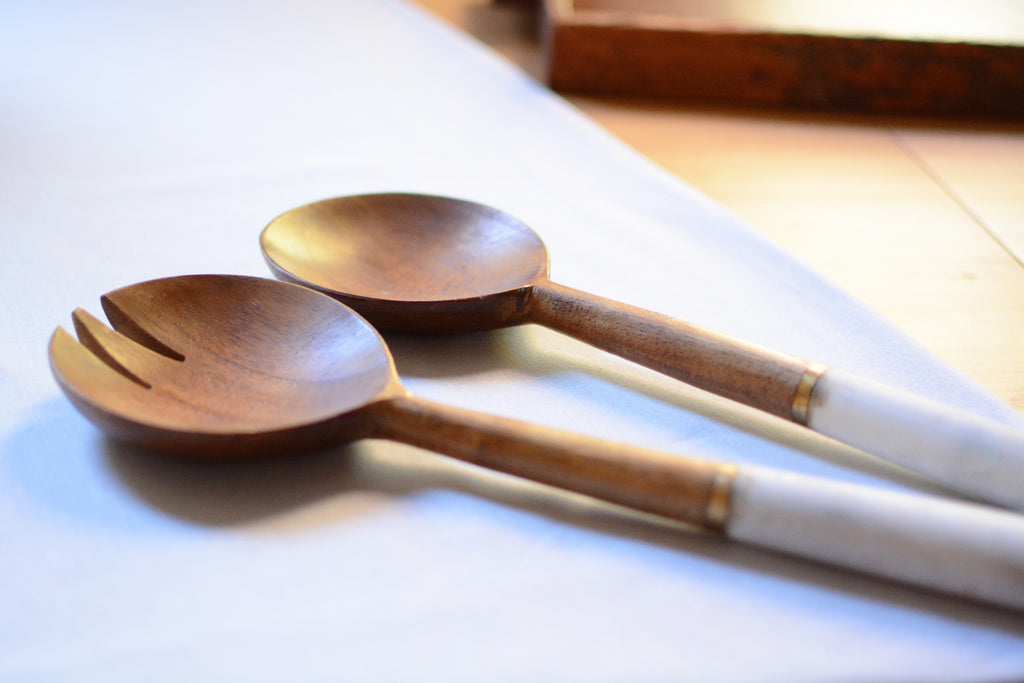Mango Wood & Marble Servers with Gold Band